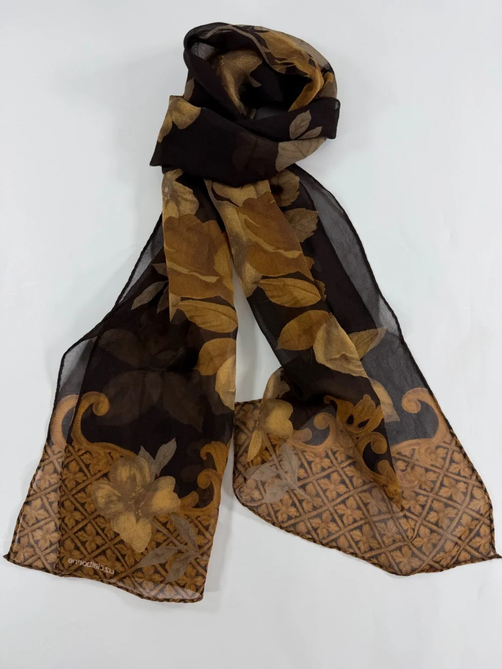 Liz Claiborne Floral Chiffon Scarf Brown Gold Sheer Rose Print 54x12